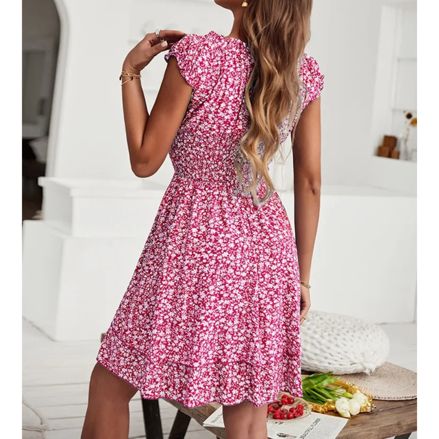 ModeParisienne® elastische zomerjurk met gele bloemenprint