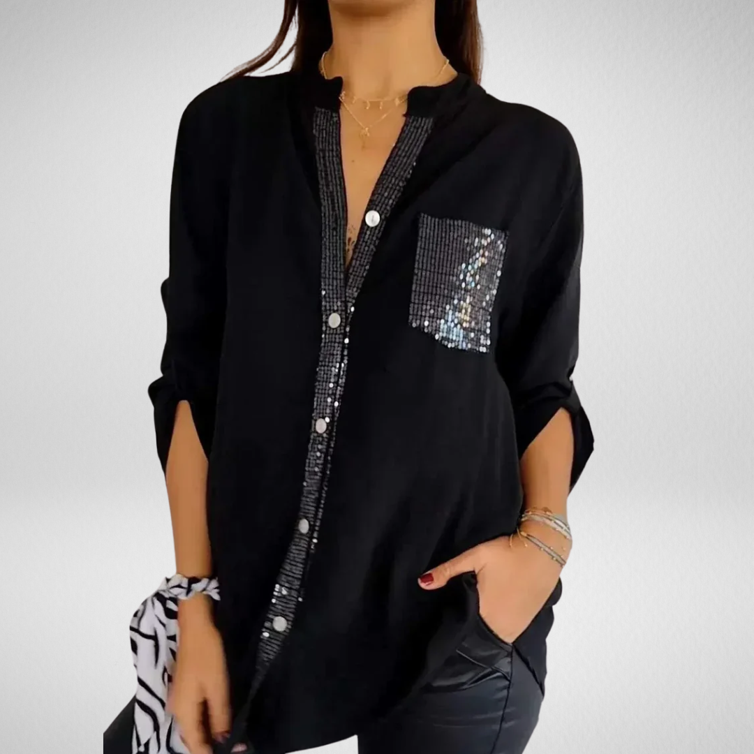 Livia – Stijlvolle blouse met V-hals en glitterpailletten