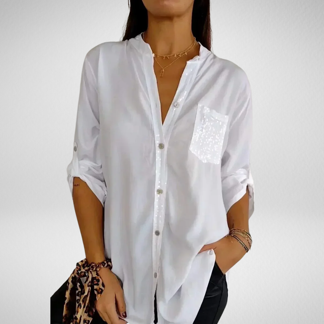 Livia – Stijlvolle blouse met V-hals en glitterpailletten
