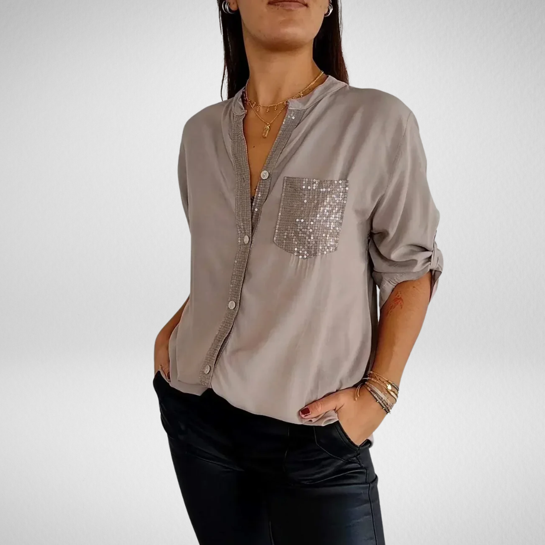Livia – Stijlvolle blouse met V-hals en glitterpailletten