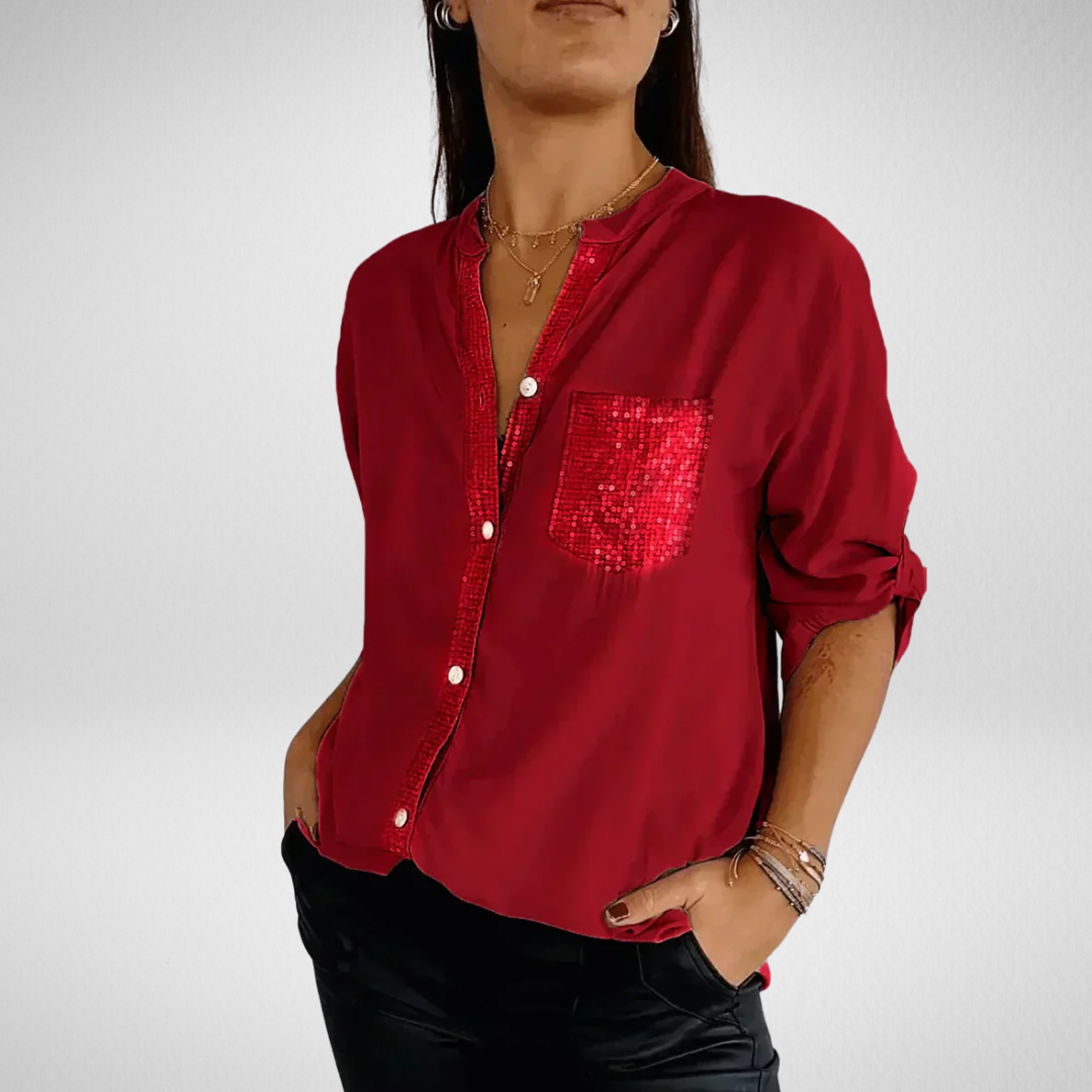 Livia – Stijlvolle blouse met V-hals en glitterpailletten