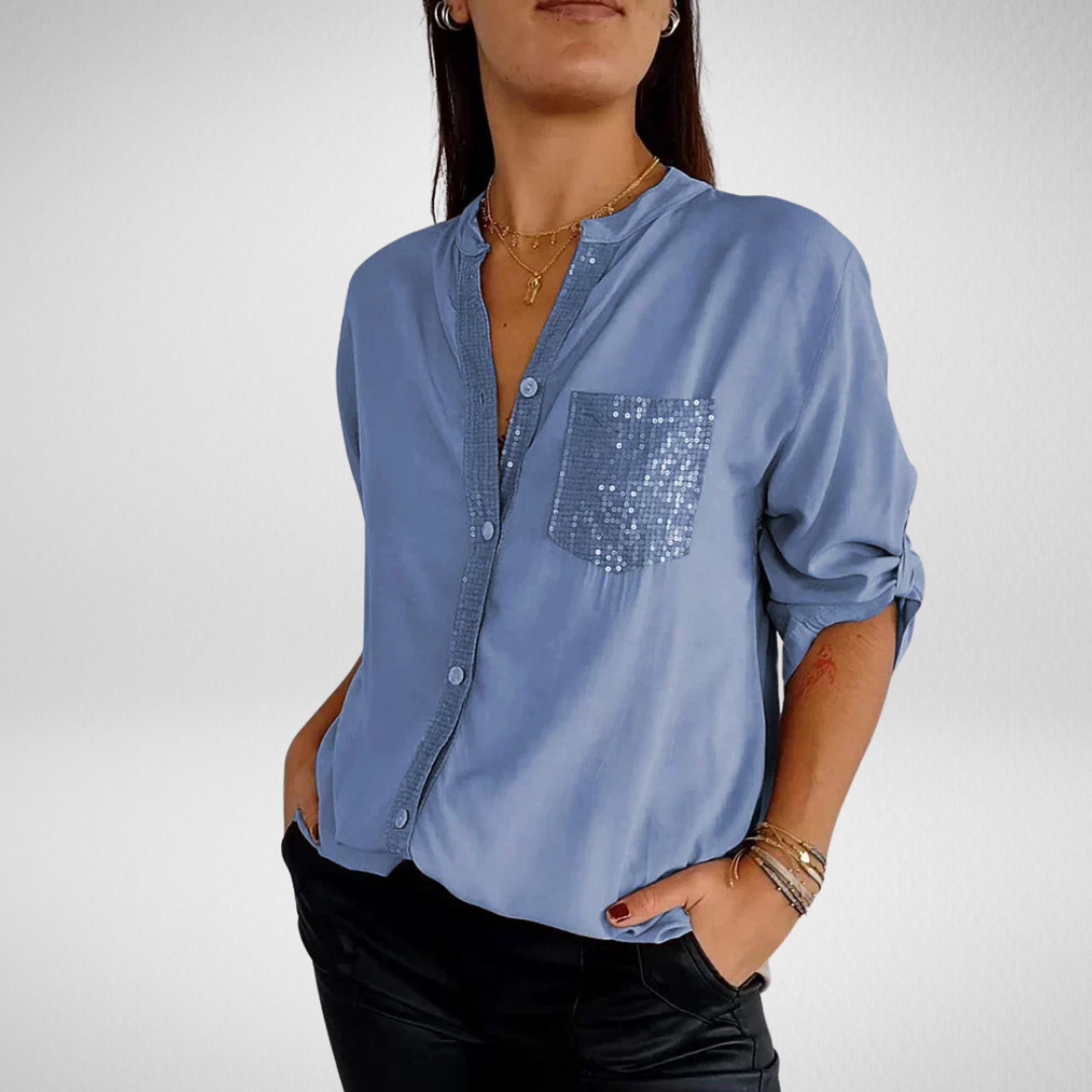 Livia – Stijlvolle blouse met V-hals en glitterpailletten