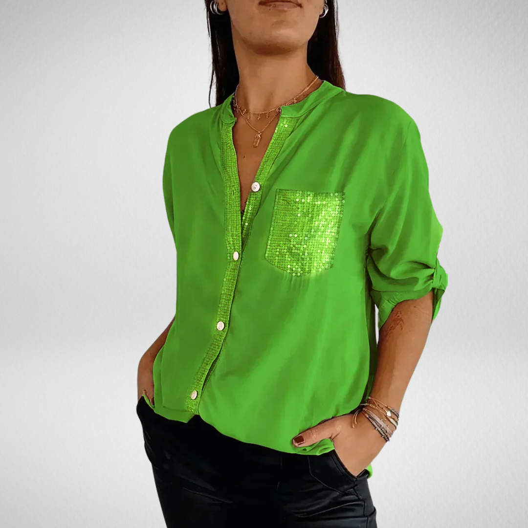 Livia – Stijlvolle blouse met V-hals en glitterpailletten