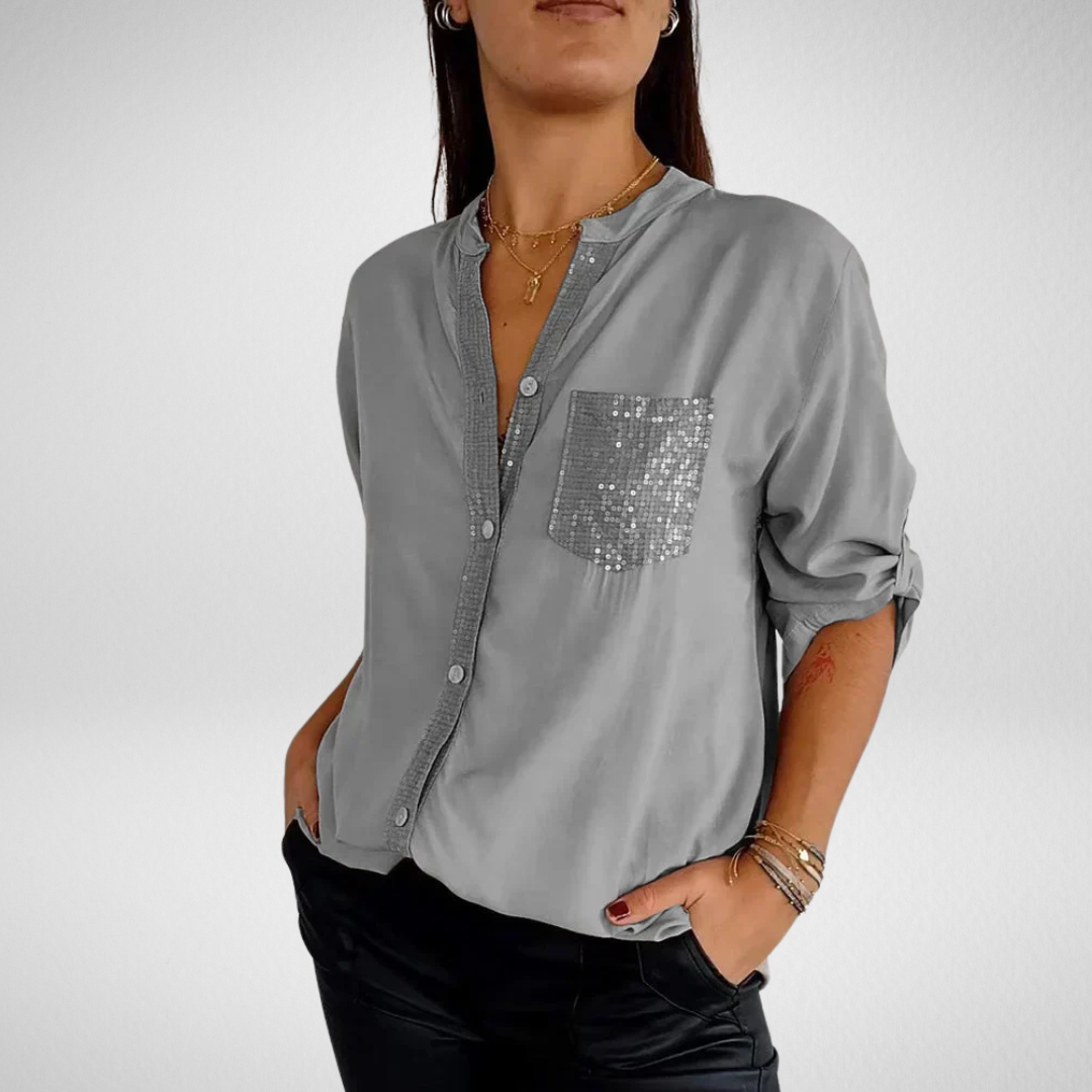 Livia – Stijlvolle blouse met V-hals en glitterpailletten