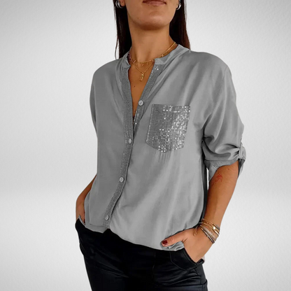 Livia – Stijlvolle blouse met V-hals en glitterpailletten