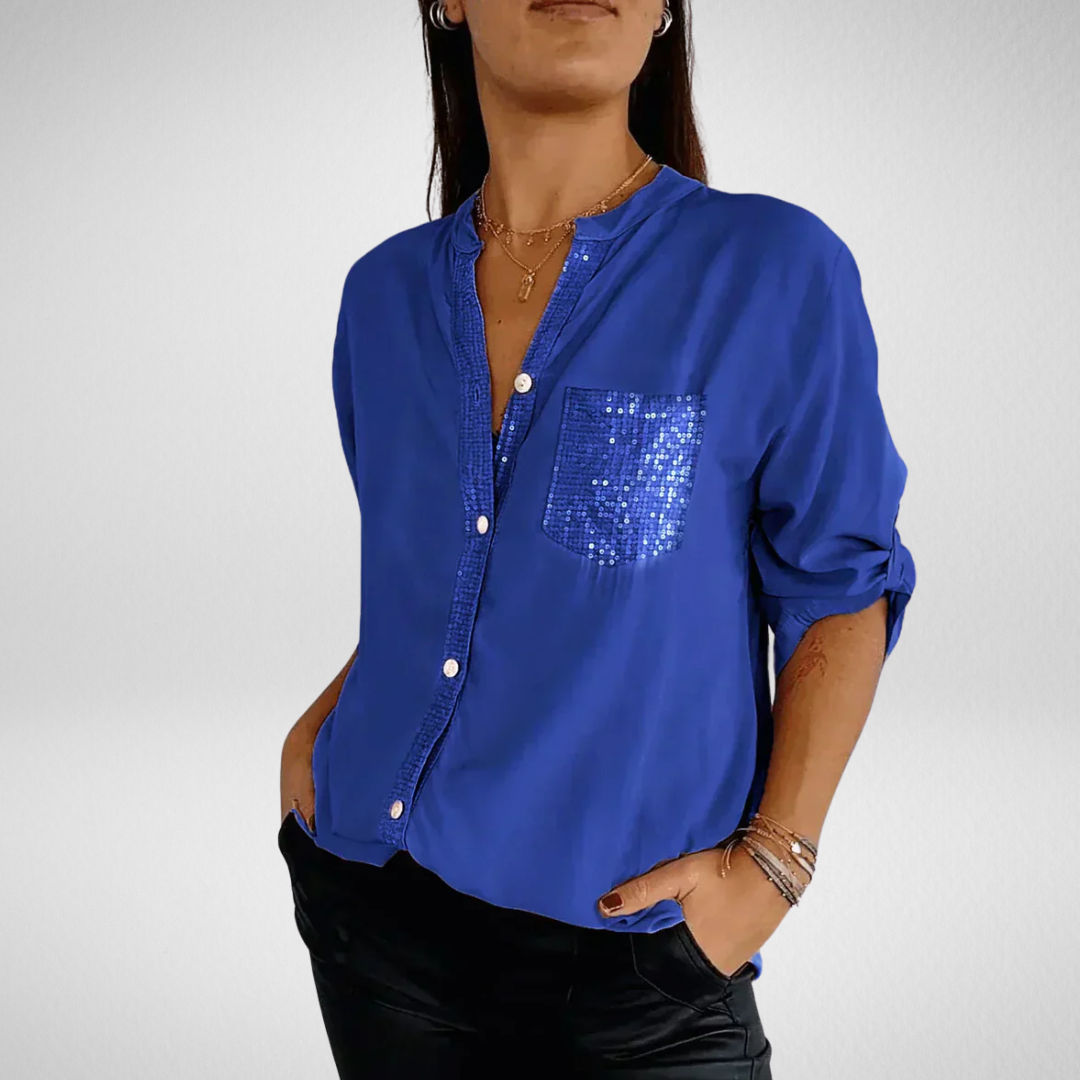 Livia – Stijlvolle blouse met V-hals en glitterpailletten