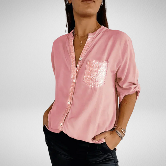 Livia – Stijlvolle blouse met V-hals en glitterpailletten