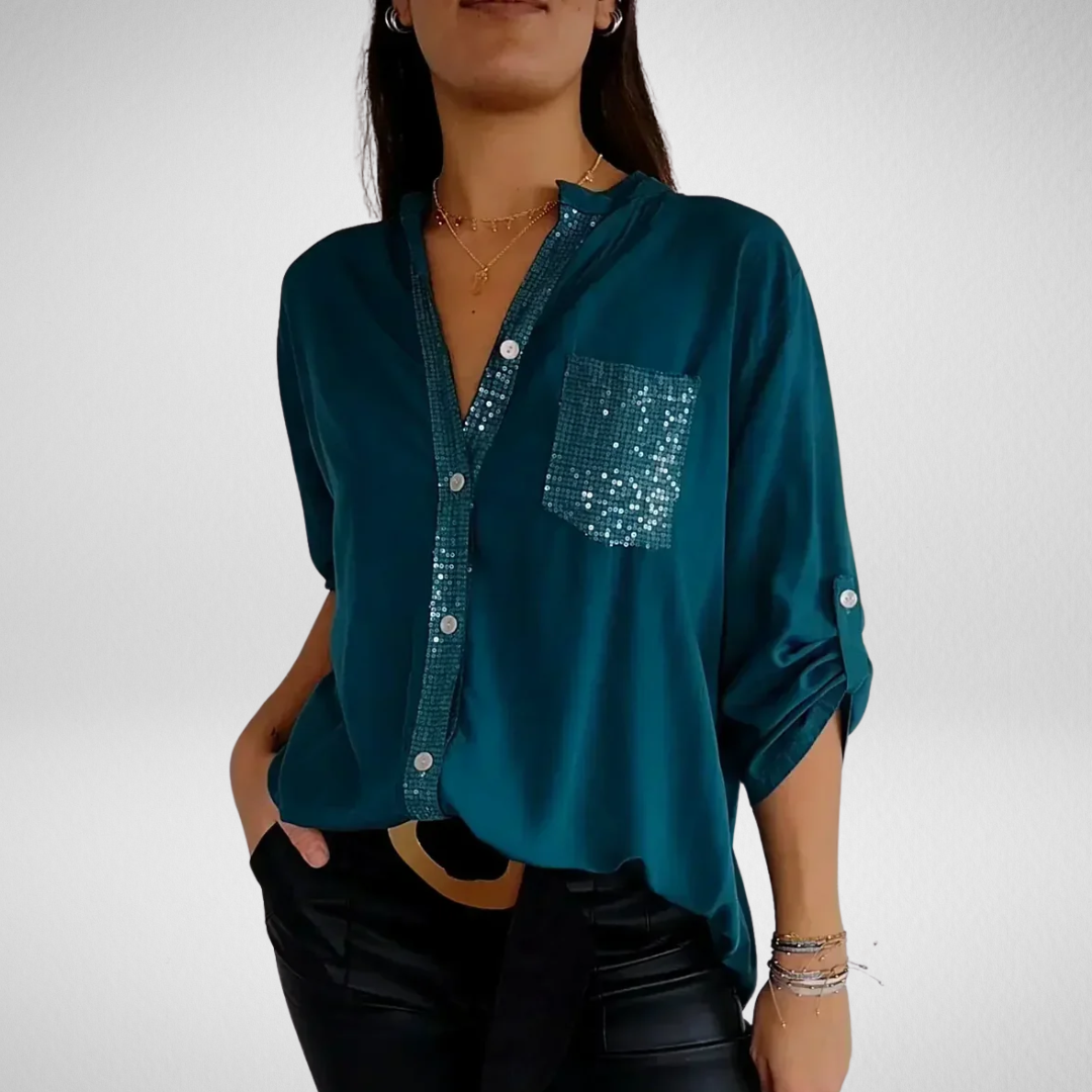 Livia – Stijlvolle blouse met V-hals en glitterpailletten
